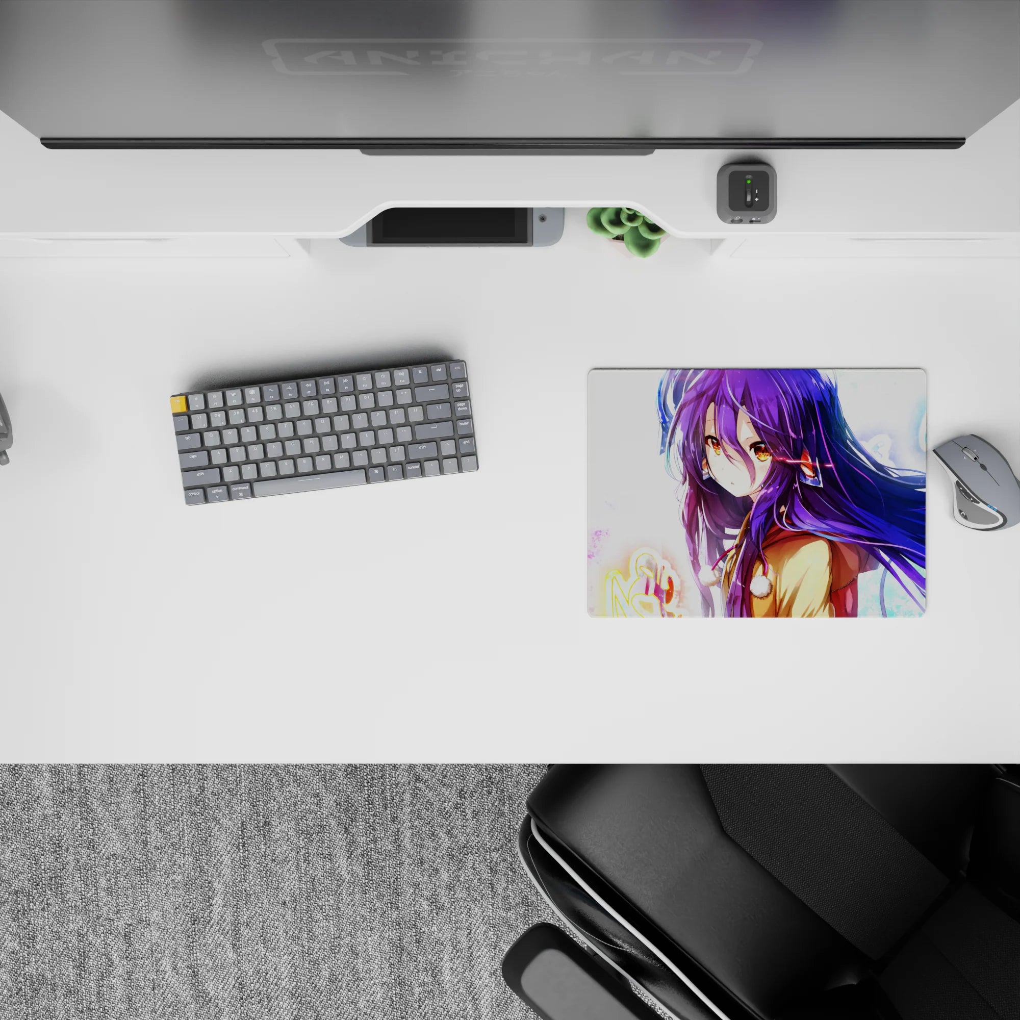 Cool blue-purple anime mouse pad 14x10 inches with soft winter vibes, amber eyes, and calming neon glow.