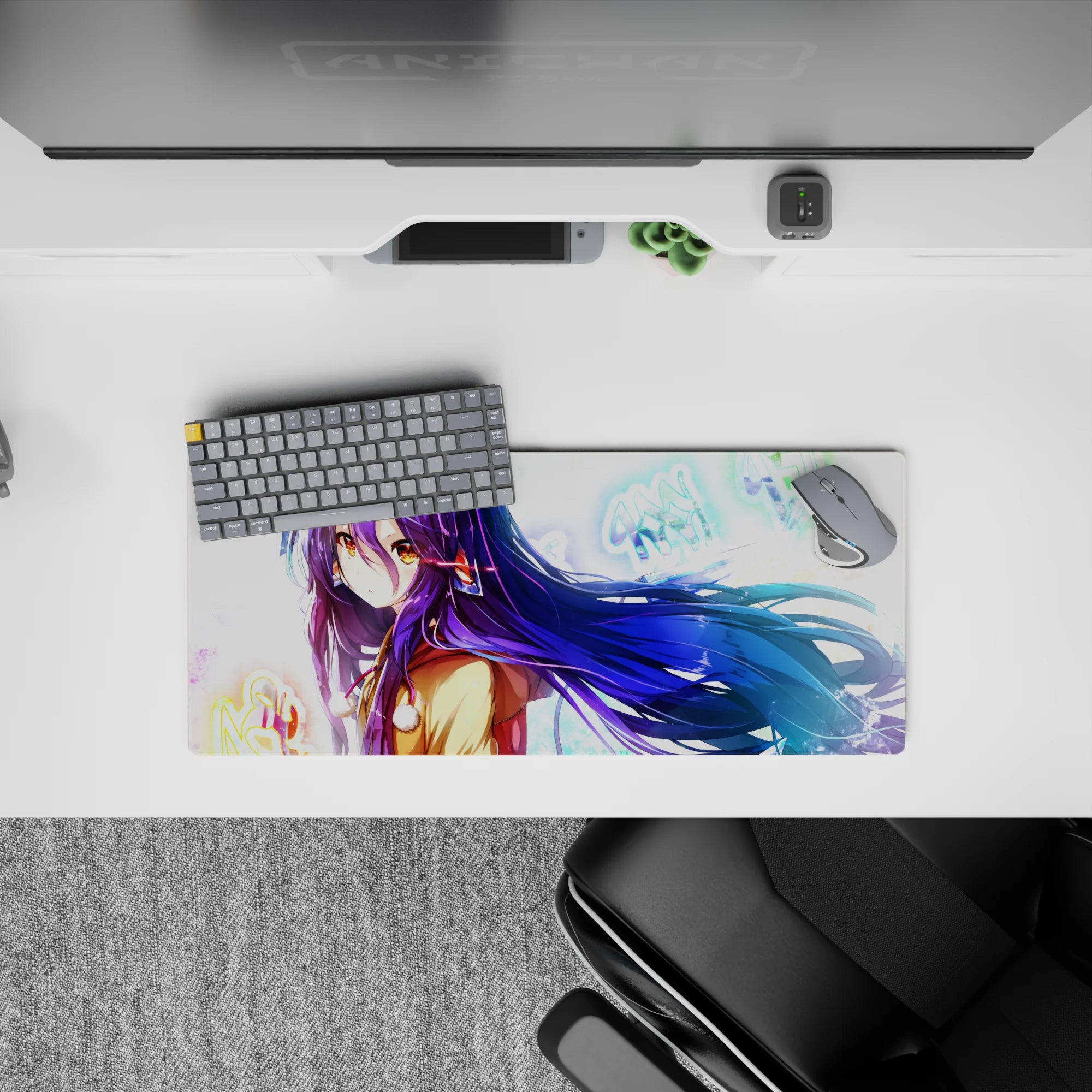 Calming neon sparkle anime girl mouse pad 28x12 inches in glossy blues, purples, and warm amber tones.
