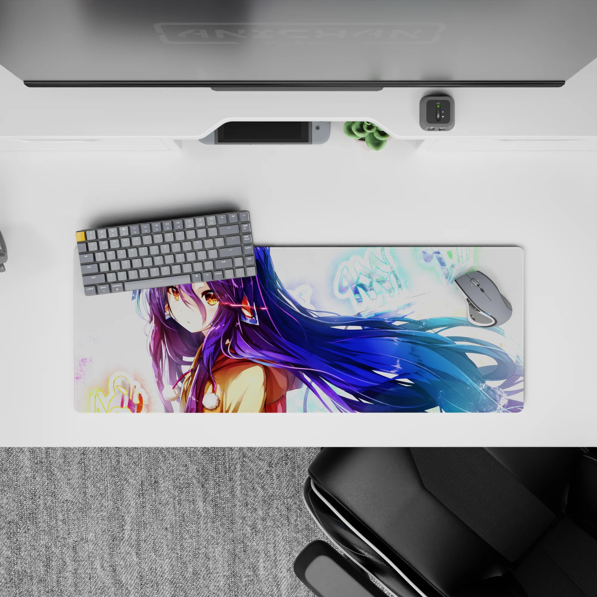 32x12 inches desk mouse pad in glossy blues and purples, calm winter vibe with neon sparkle accents.