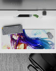 32x12 inches desk mouse pad in glossy blues and purples, calm winter vibe with neon sparkle accents.