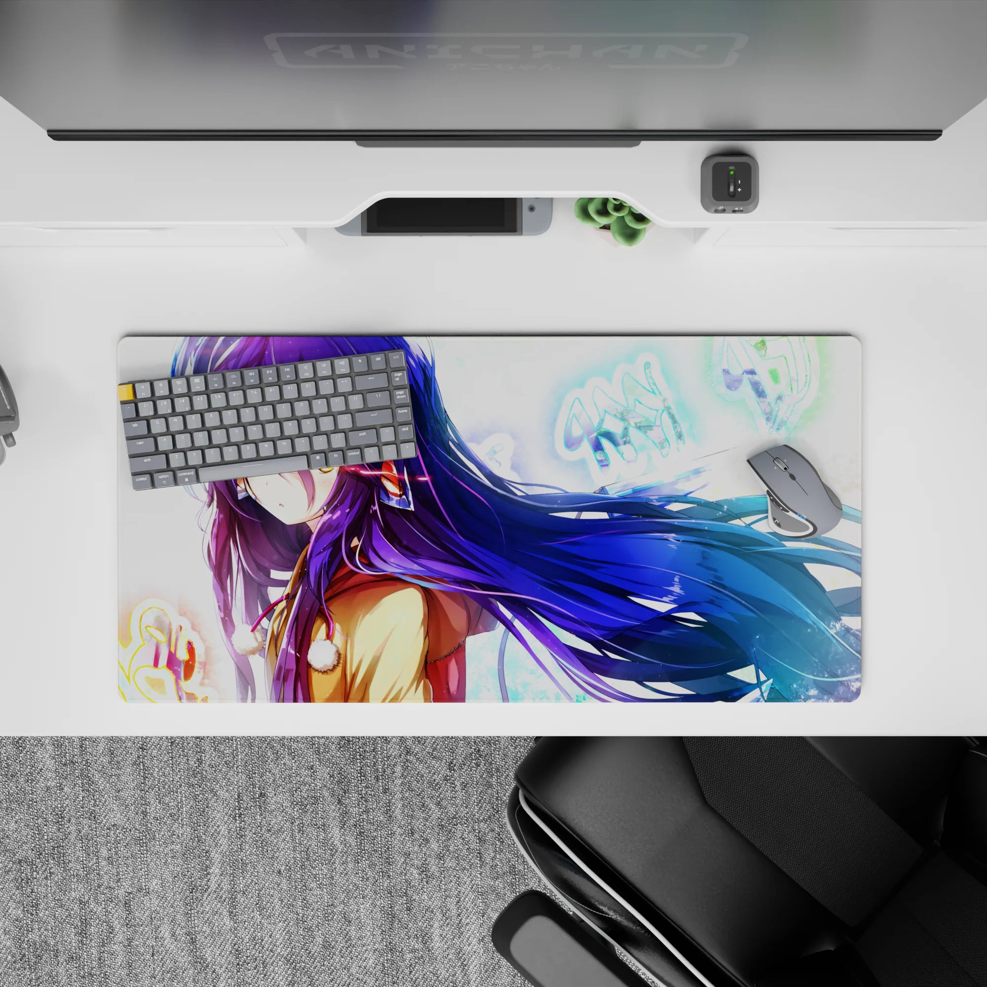 32x16 inches anime desk mouse pad in glossy blues and purples, calm winter vibe with neon sparkle.