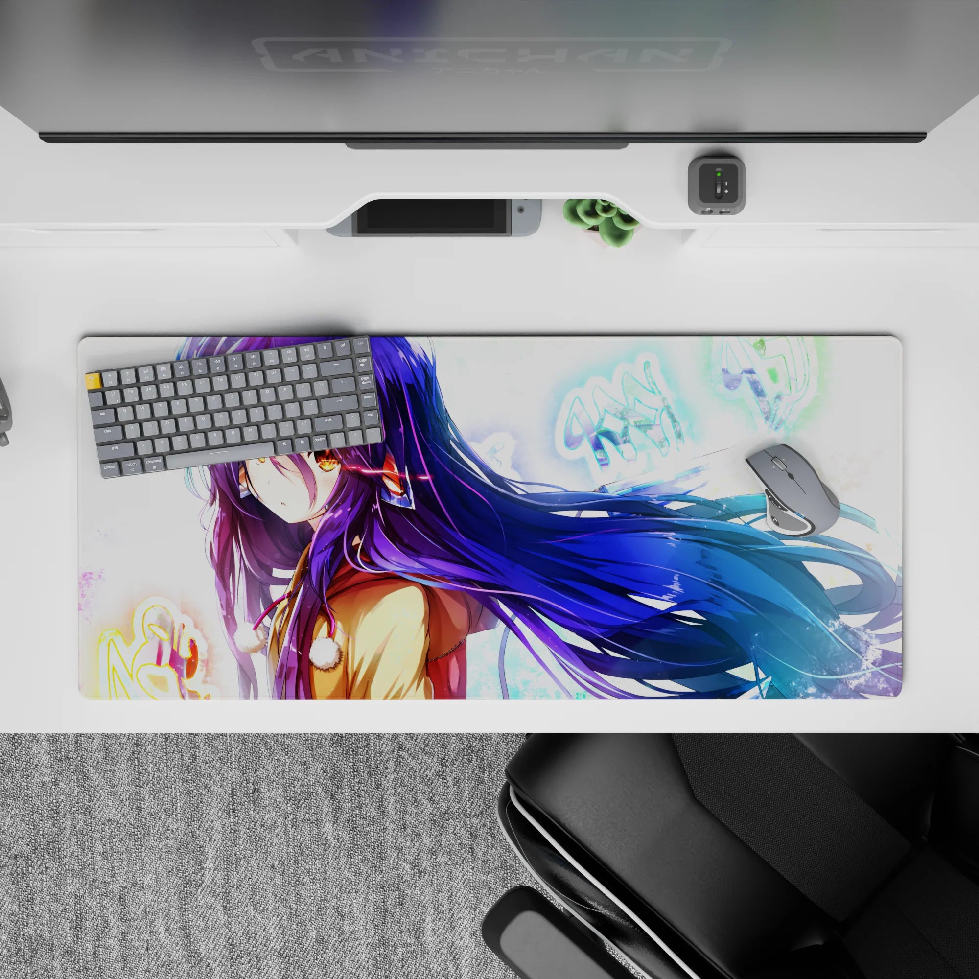 Cozy winter neon mood desk pad 36x16 inches in glossy blues and purples with calm amber-eyed anime art.
