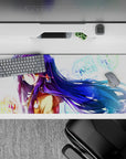 Cozy winter neon mood desk pad 36x16 inches in glossy blues and purples with calm amber-eyed anime art.