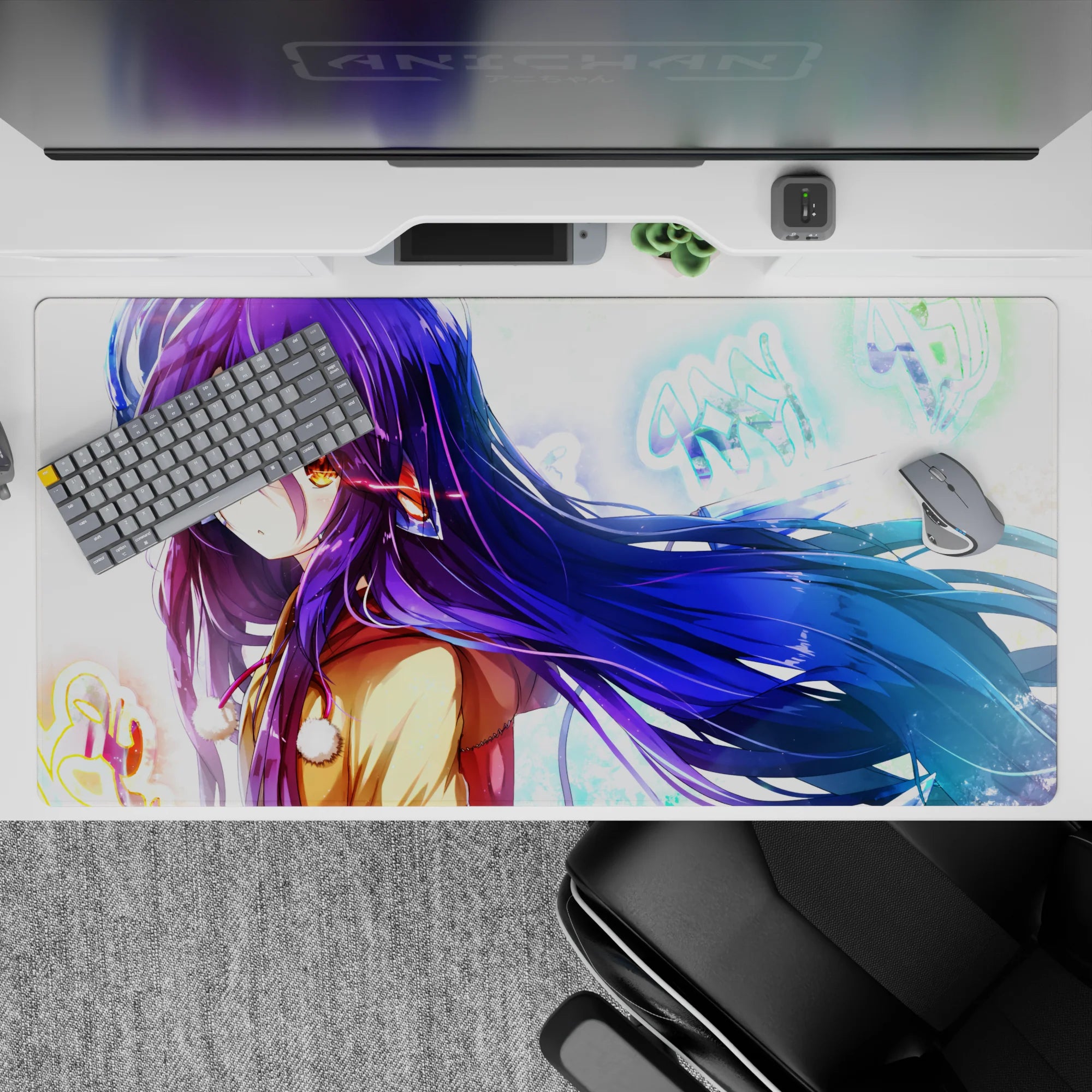 Cozy neon winter mood desk pad 40x20 inches in glossy blues and purples with calm anime vibes.