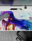 Cozy neon winter mood desk pad 40x20 inches in glossy blues and purples with calm anime vibes.