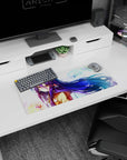 Anime girl with long violet hair and amber eyes in a cozy tan coat, mouse pad 28x12 inches.