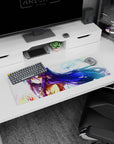 32x12 inches anime mouse pad showing amber-eyed girl with flowing violet hair and fluffy pom coat in icy light.