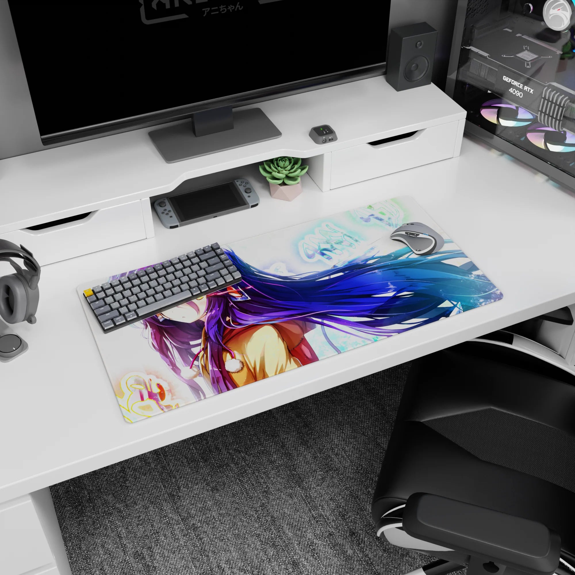 32x16 inches mouse pad showing a violet-haired anime girl with amber eyes, fluffy pom coat, and breeze.