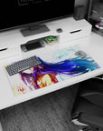 32x16 inches mouse pad showing a violet-haired anime girl with amber eyes, fluffy pom coat, and breeze.