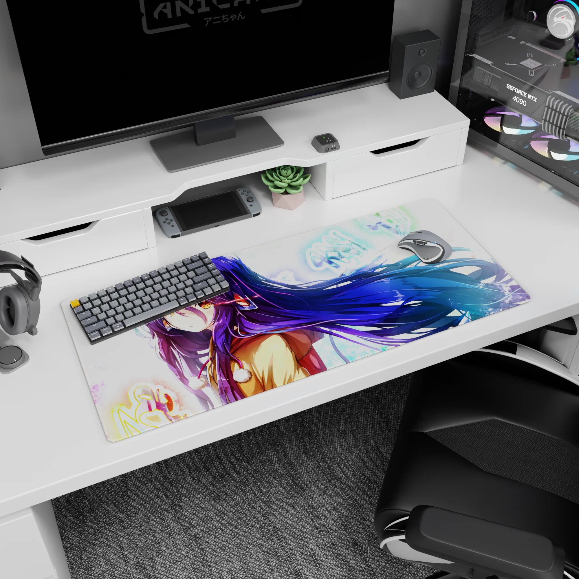 Anime girl with long violet hair and fluffy pom coat on desk pad 36x16 inches, breezy pose, neon backdrop.