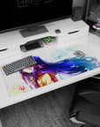 Anime girl with long violet hair and fluffy pom coat on desk pad 36x16 inches, breezy pose, neon backdrop.