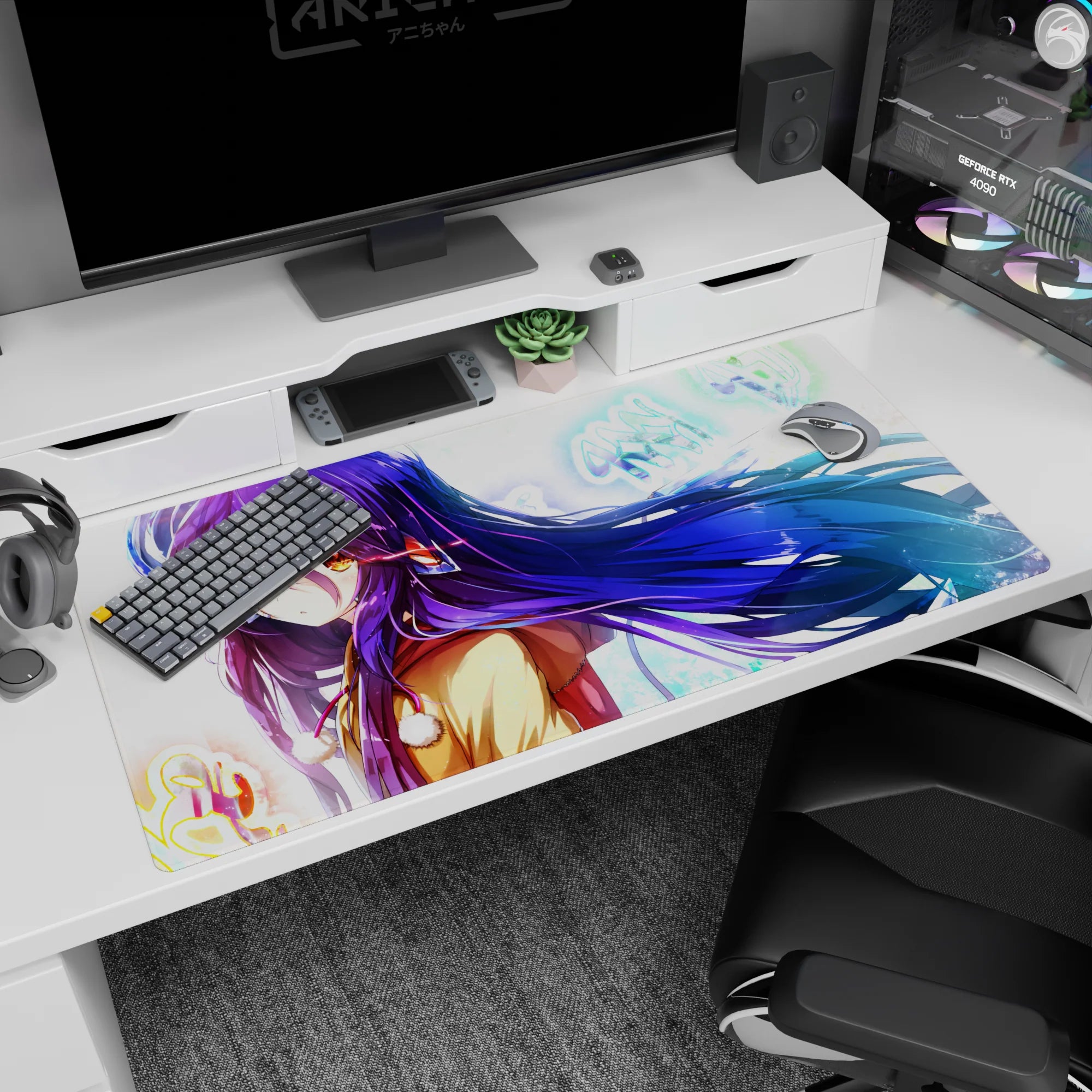 Anime girl with long violet hair and glowing amber eyes on desk pad 40x20 inches, breeze-swept scene.