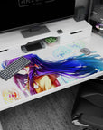Anime girl with long violet hair and glowing amber eyes on desk pad 40x20 inches, breeze-swept scene.