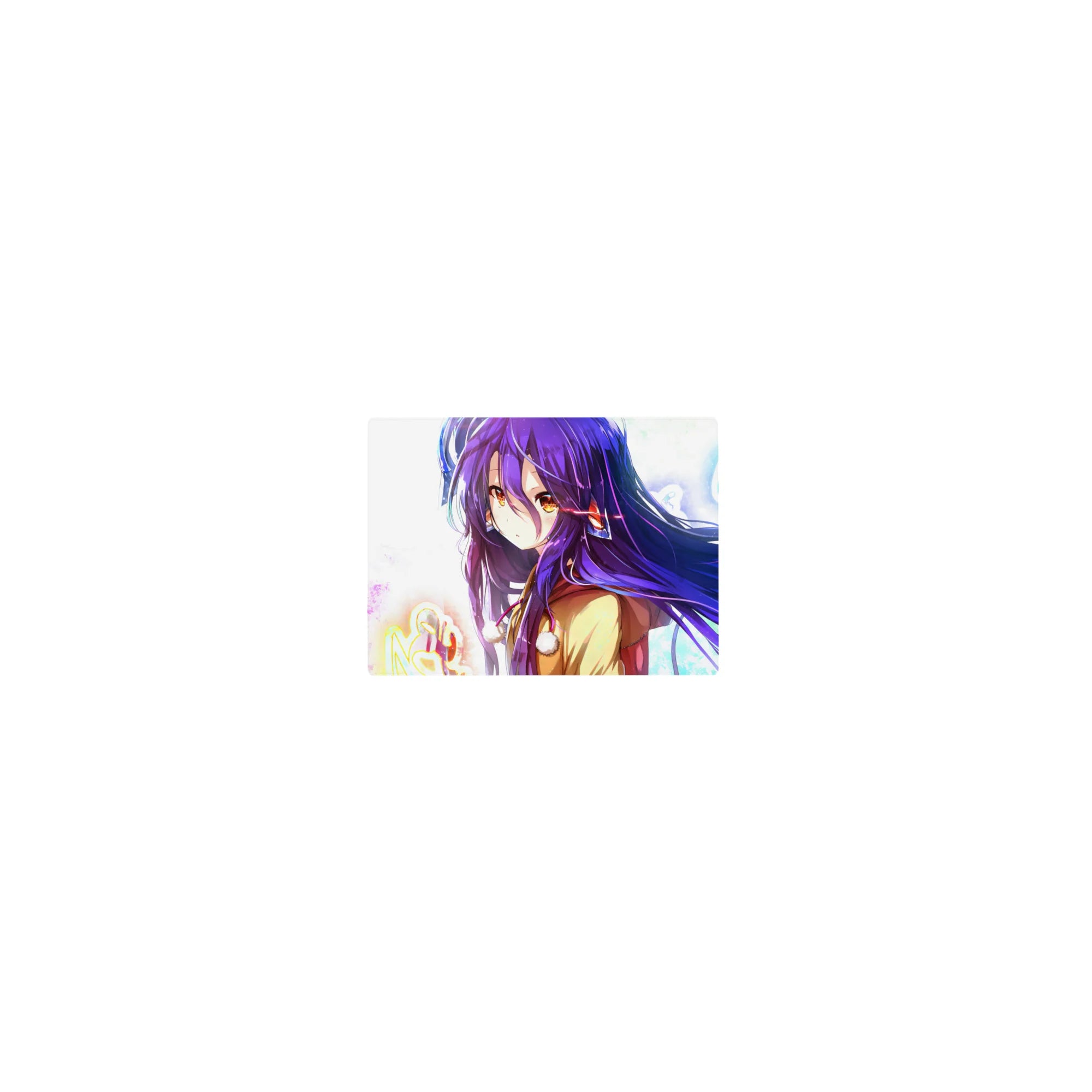 Classic anime girl mouse pad 14x10 inches with neon graffiti backdrop, violet hair, and cozy tan coat.