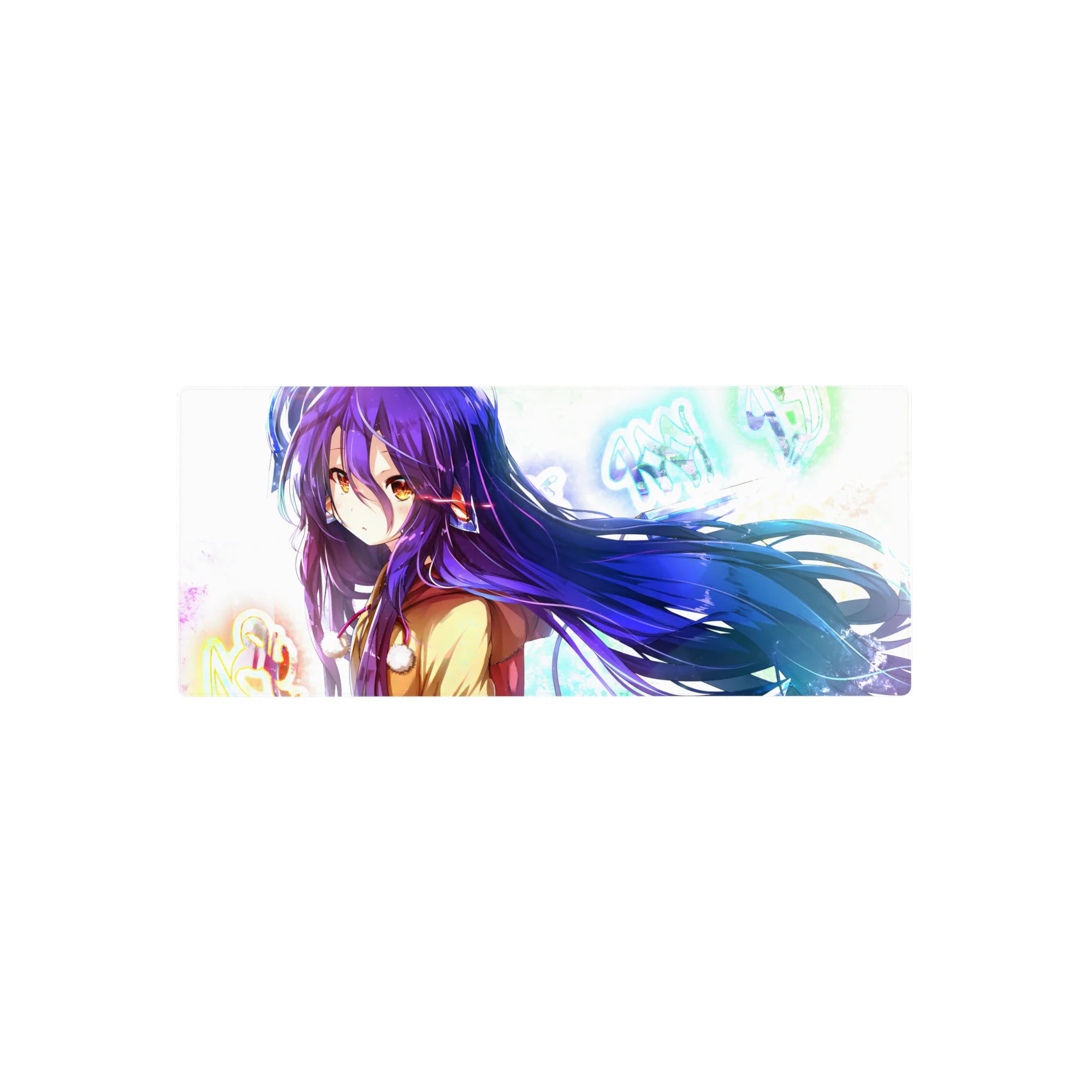 Anime girl mouse pad 28x12 inches with violet hair, tan coat, neon graffiti text, and icy light splashes.