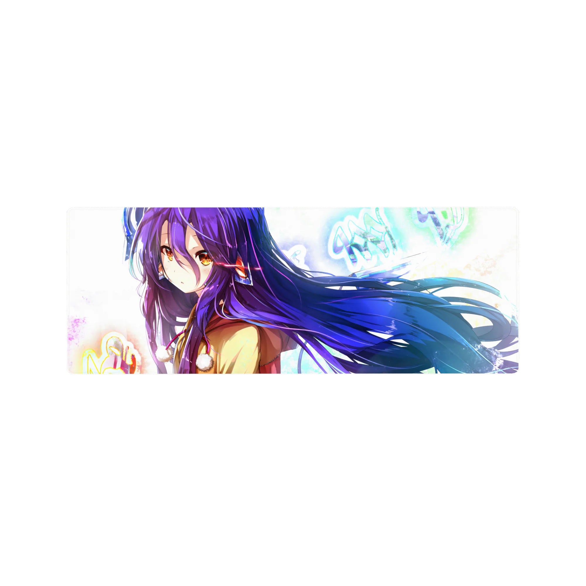 32x12 inches anime girl mouse pad with violet-haired character, tan coat, and neon graffiti background.