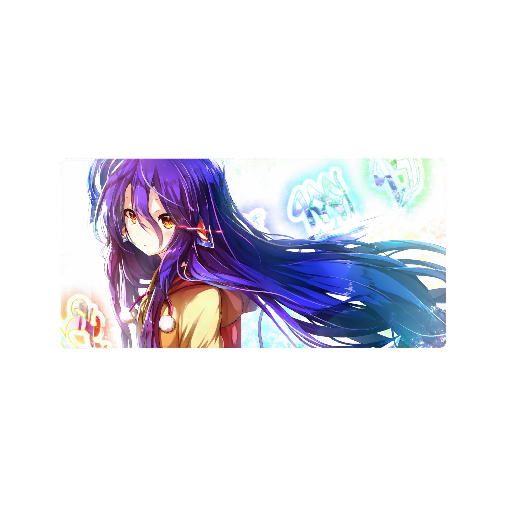 32x16 inches anime girl mouse pad with violet hair, tan coat, neon graffiti letters, and icy light splashes.