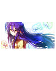 32x16 inches anime girl mouse pad with violet hair, tan coat, neon graffiti letters, and icy light splashes.