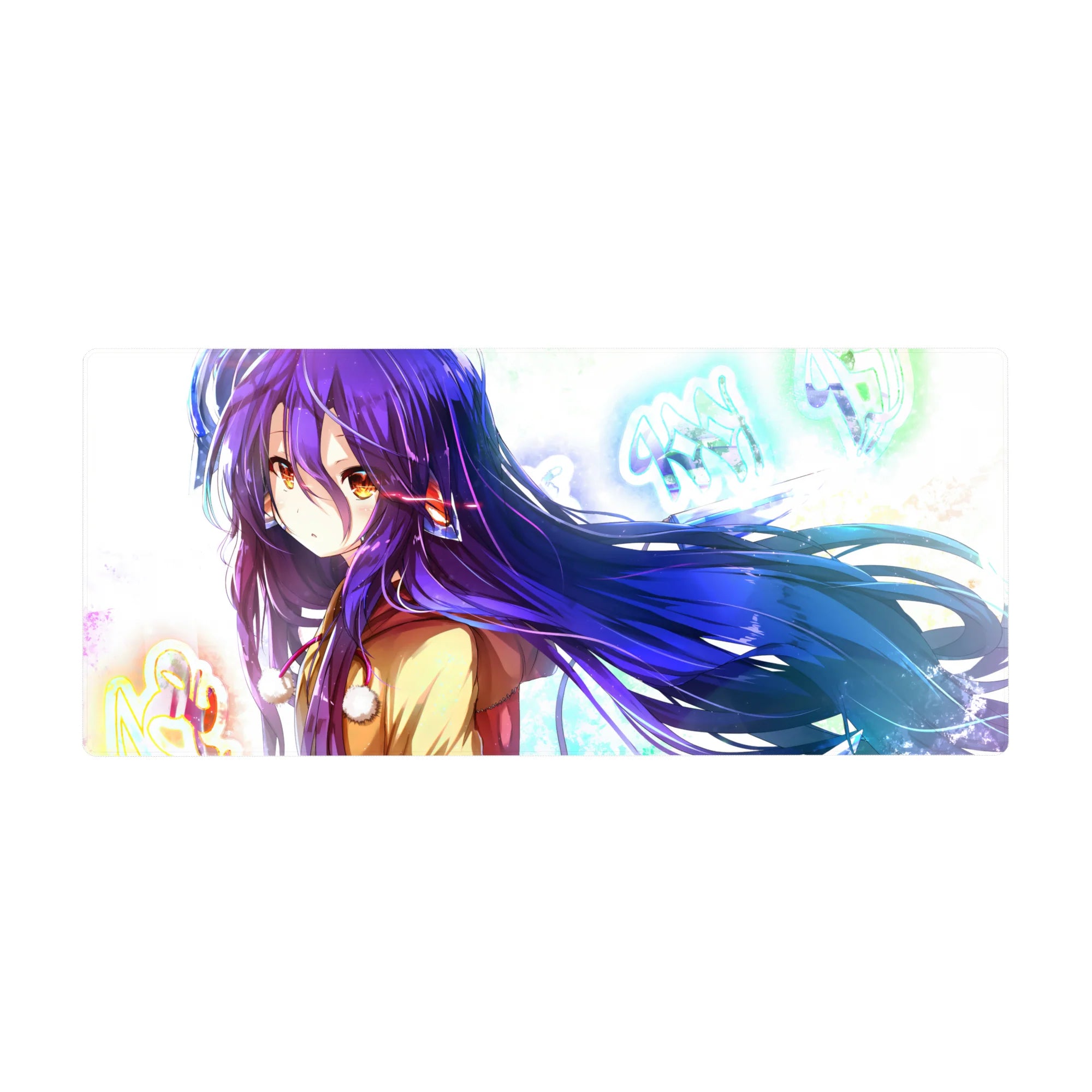 Anime girl desk pad 36x16 inches with violet hair, tan coat, neon graffiti letters, and icy light splashes.