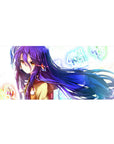 Anime girl desk pad 36x16 inches with violet hair, tan coat, neon graffiti letters, and icy light splashes.