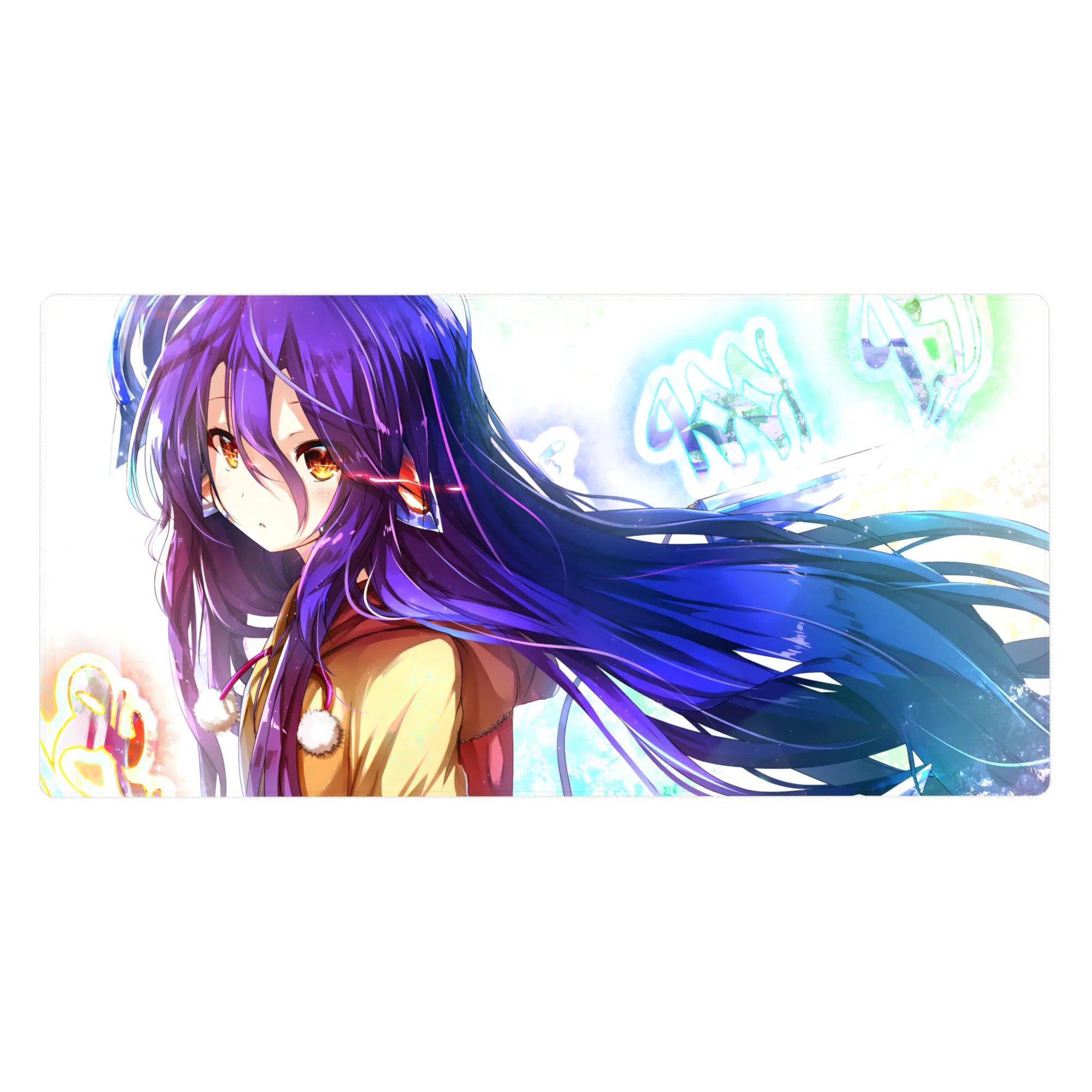 Anime girl desk pad 40x20 inches with violet hair, tan coat, neon graffiti letters and icy light splashes.