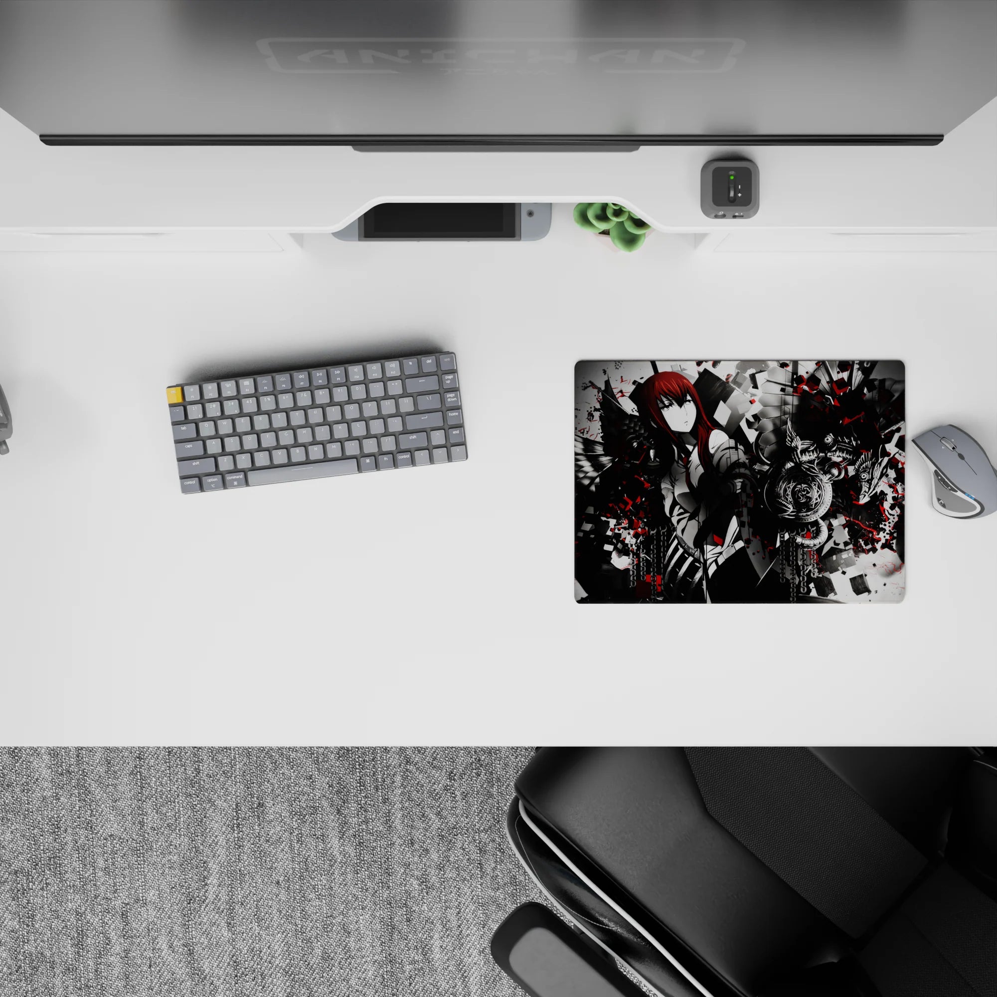 14x10 inches classic anime mouse pad in smoky grayscale with crimson splashes, dark sharp high-contrast vibe.