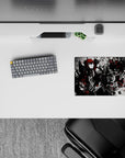 14x10 inches classic anime mouse pad in smoky grayscale with crimson splashes, dark sharp high-contrast vibe.