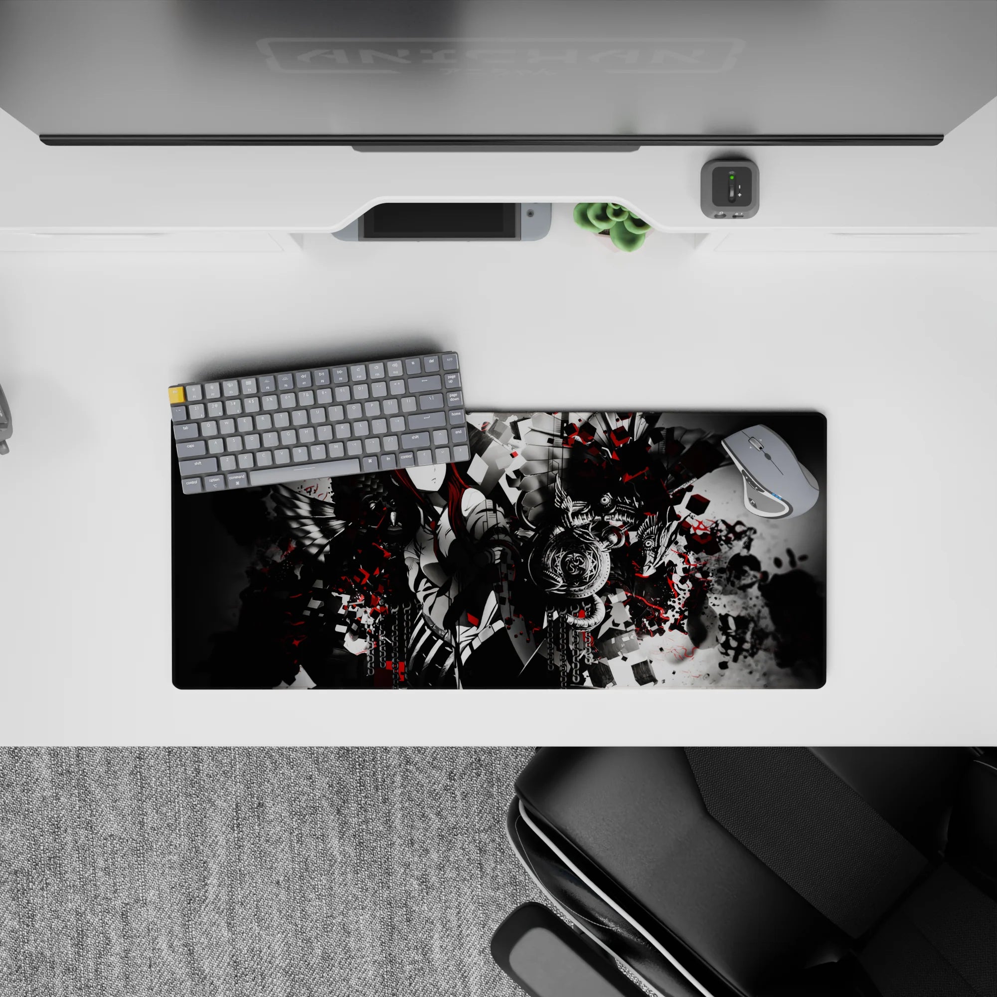 28x12 inches anime mouse pad in smoky grayscale with crimson splashes, dark sharp high-contrast mood.