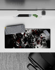 28x12 inches anime mouse pad in smoky grayscale with crimson splashes, dark sharp high-contrast mood.