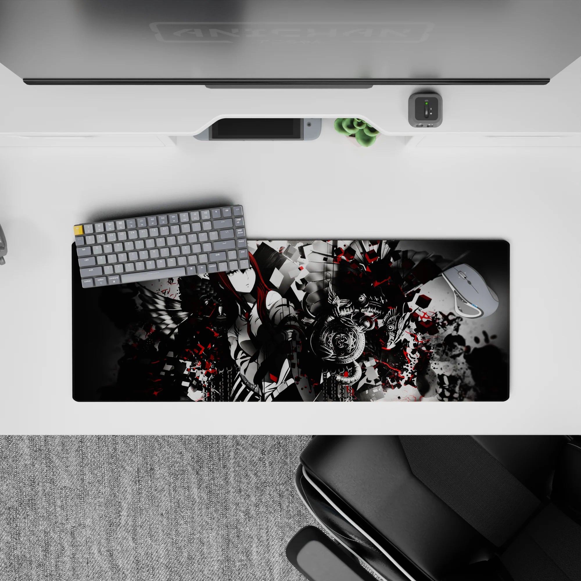 32x12 inches anime mouse pad in smoky grayscale with crimson splashes, sharp high-contrast occult vibe.