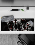 32x12 inches anime mouse pad in smoky grayscale with crimson splashes, sharp high-contrast occult vibe.