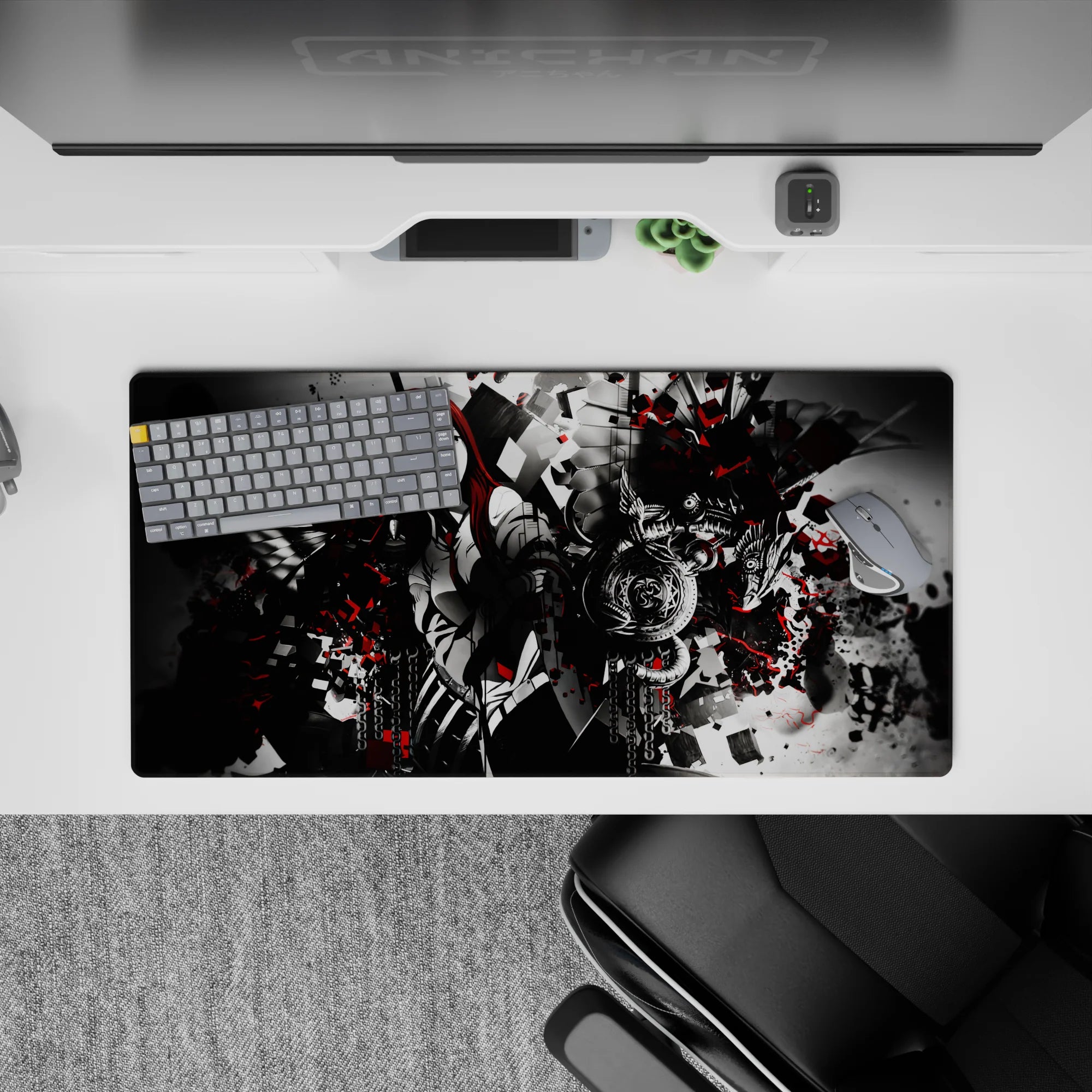 32x16 inches anime mouse pad in smoky grayscale with crimson splashes, high-contrast dark magical vibe.