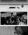 32x16 inches anime mouse pad in smoky grayscale with crimson splashes, high-contrast dark magical vibe.