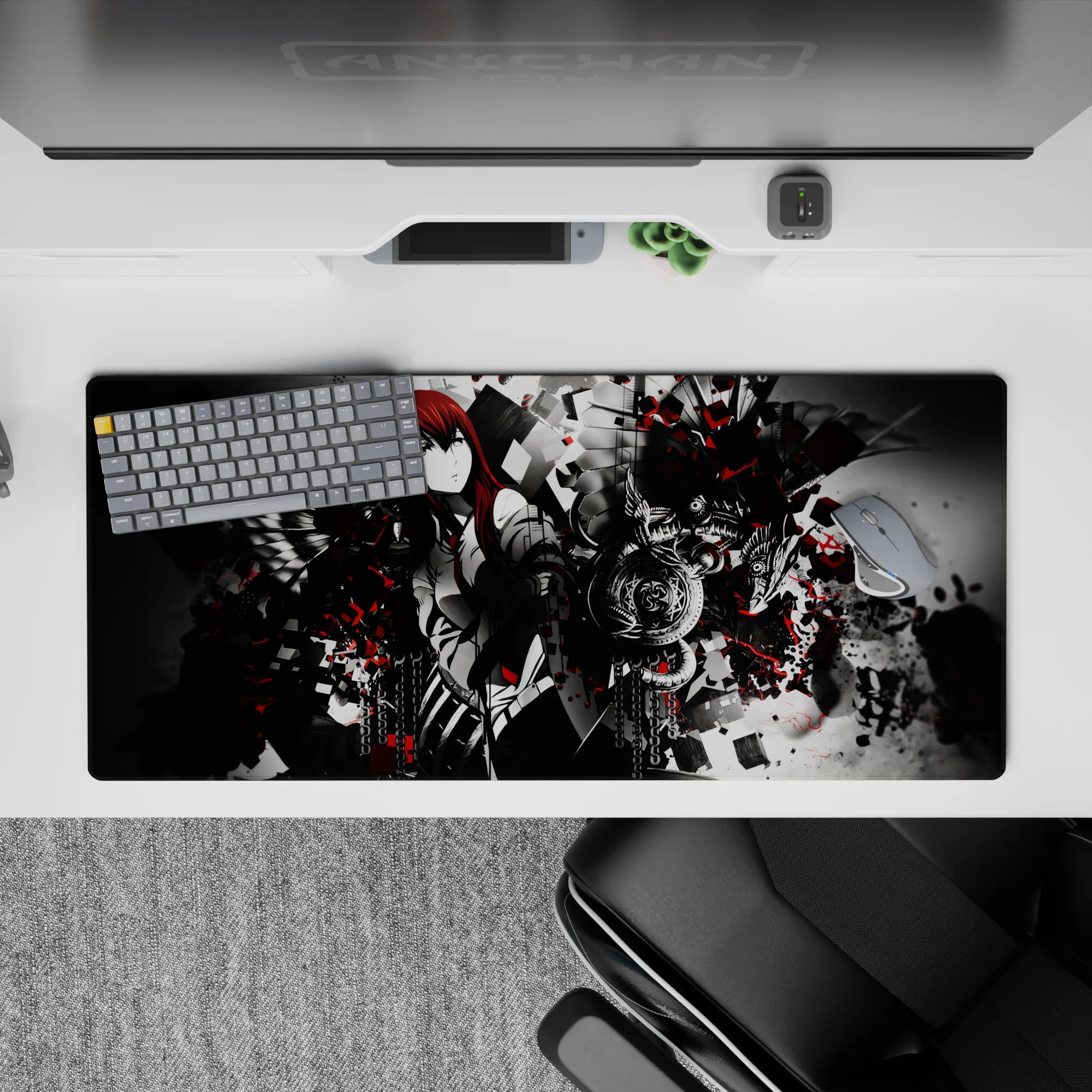 36x16 inches anime desk pad in smoky grayscale with crimson splashes, dark sharp mood and mechanical sigils.