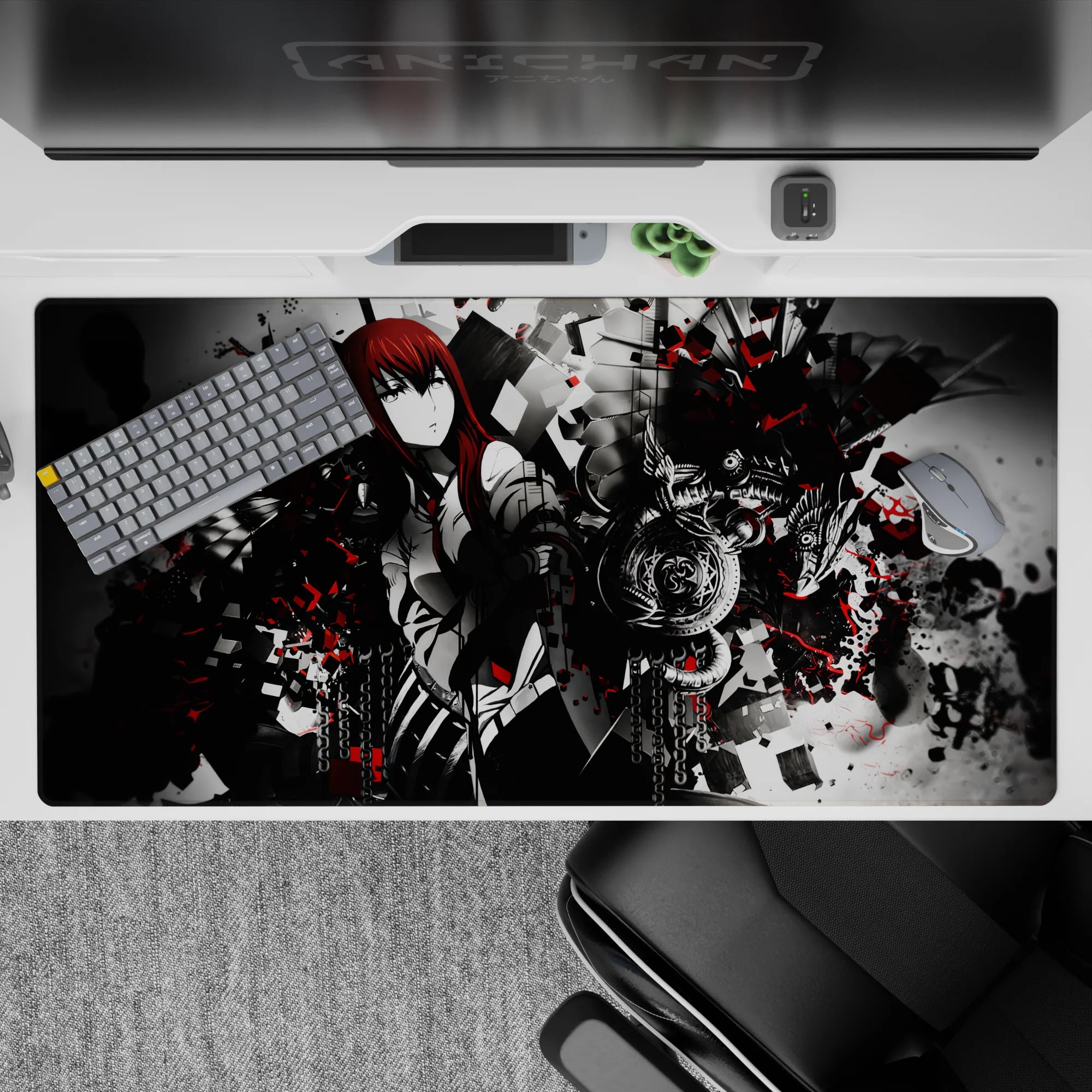 High-contrast anime desk pad 40x20 inches in smoky grayscale with crimson splashes and dark magic vibe.