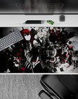 High-contrast anime desk pad 40x20 inches in smoky grayscale with crimson splashes and dark magic vibe.