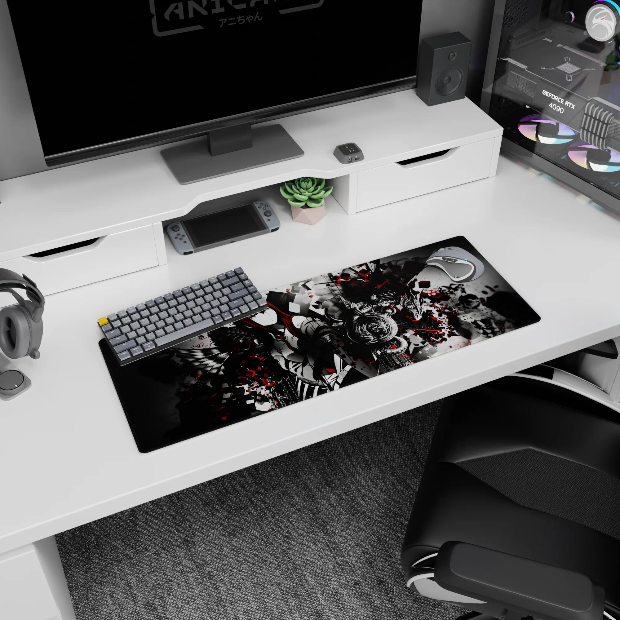 32x12 inches anime mouse pad showing calm red-haired girl framed by black wings and shattered cubes.