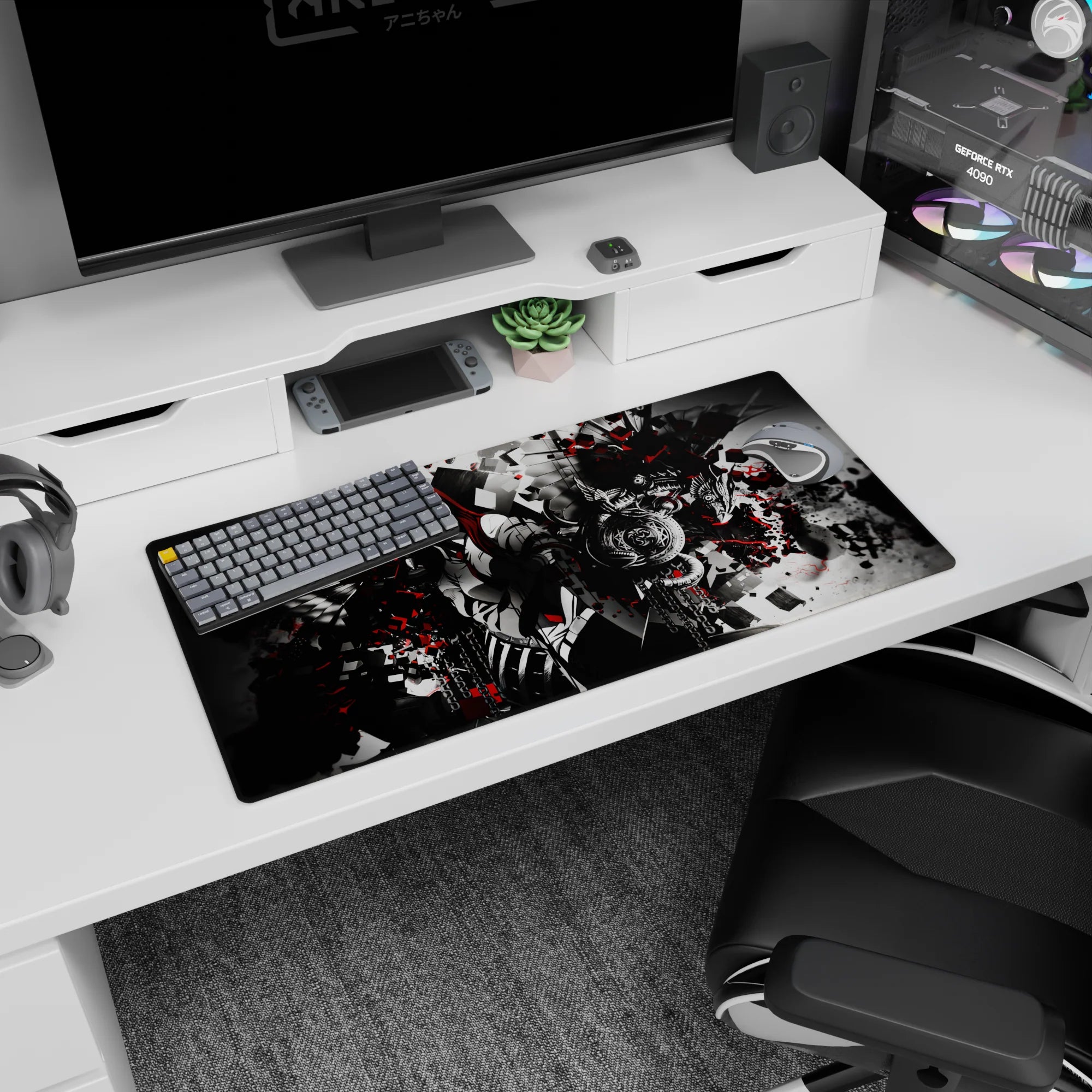 32x16 inches anime mouse pad showing calm red-haired girl framed by black wings, chains, and sigils.