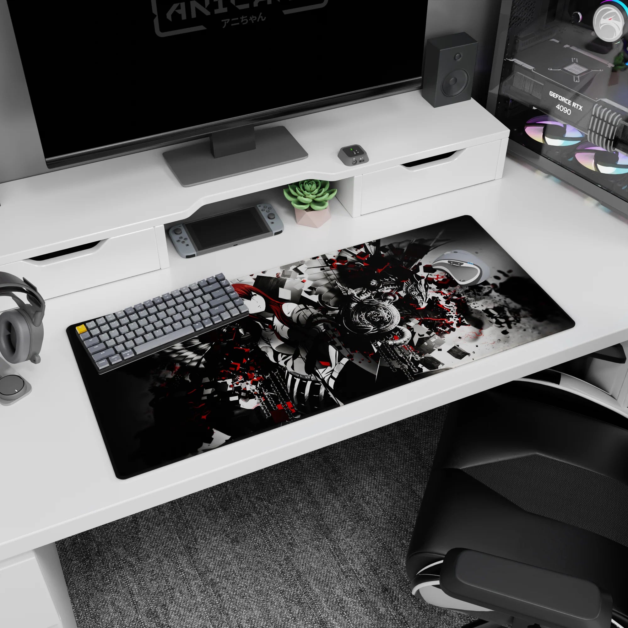 36x16 inches anime desk pad showing a calm red-haired heroine framed by black wings and chains, spellcasting vibe.