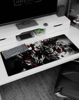 36x16 inches anime desk pad showing a calm red-haired heroine framed by black wings and chains, spellcasting vibe.