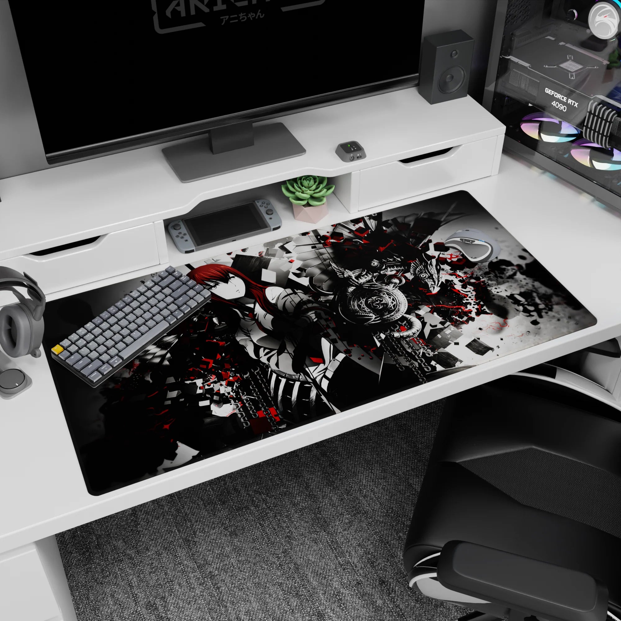 Red-haired anime heroine in white uniform with black wings and chains on 40x20 inches desk pad.