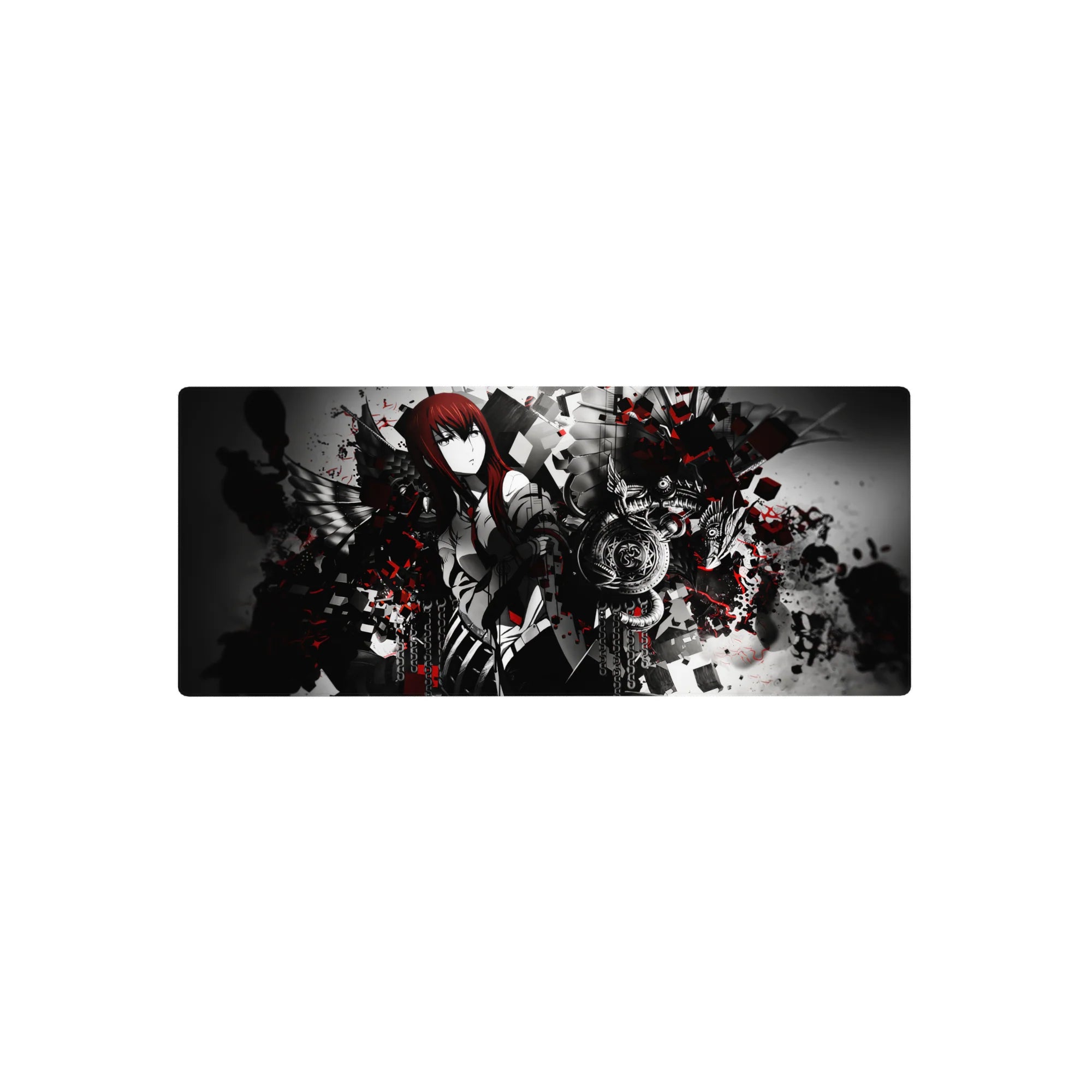 28x12 inches anime mouse pad with red-haired heroine, black wings, chains, shattered cubes, and sigils.