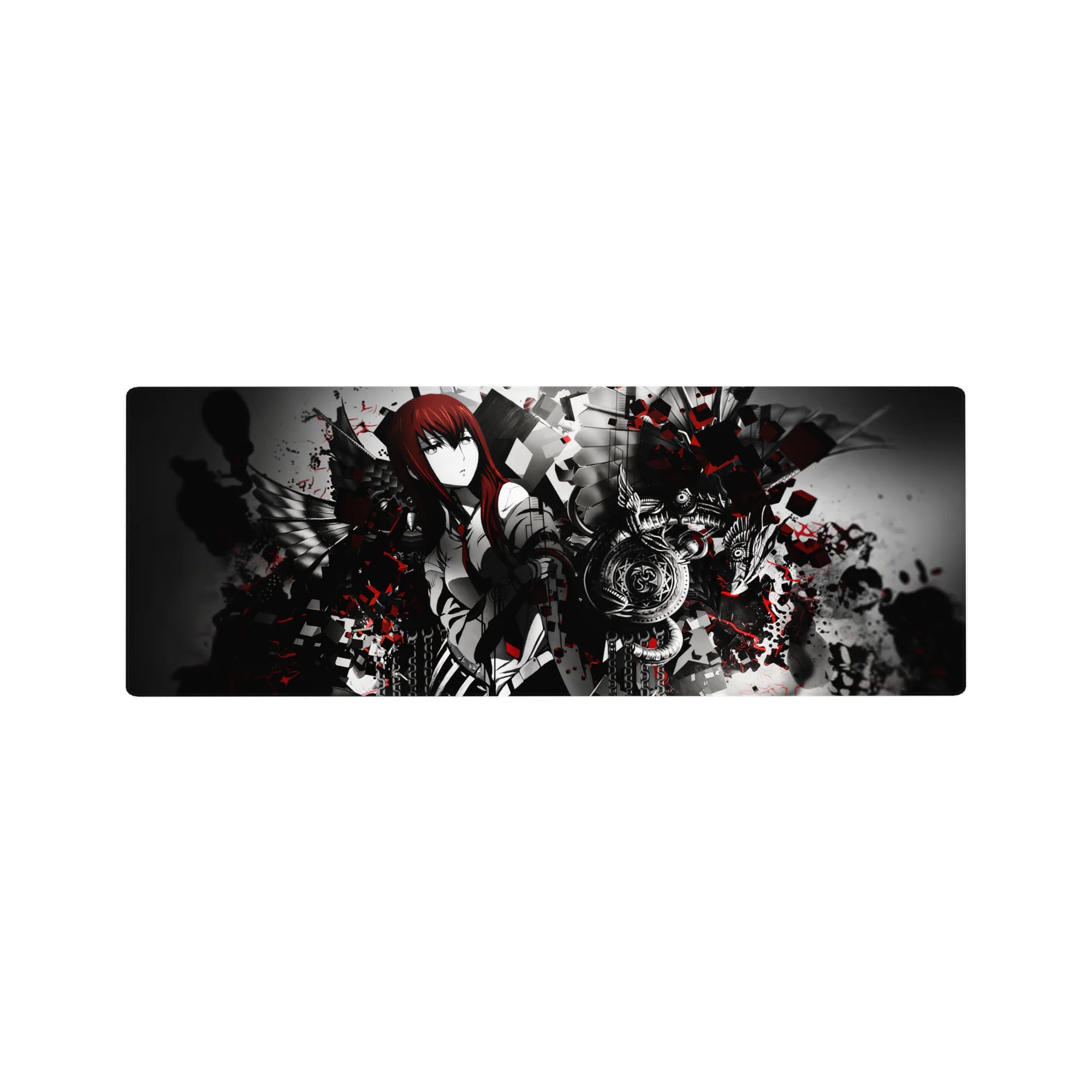 32x12 inches anime mouse pad with red-haired heroine in white uniform, black wings, chains, and cubes.