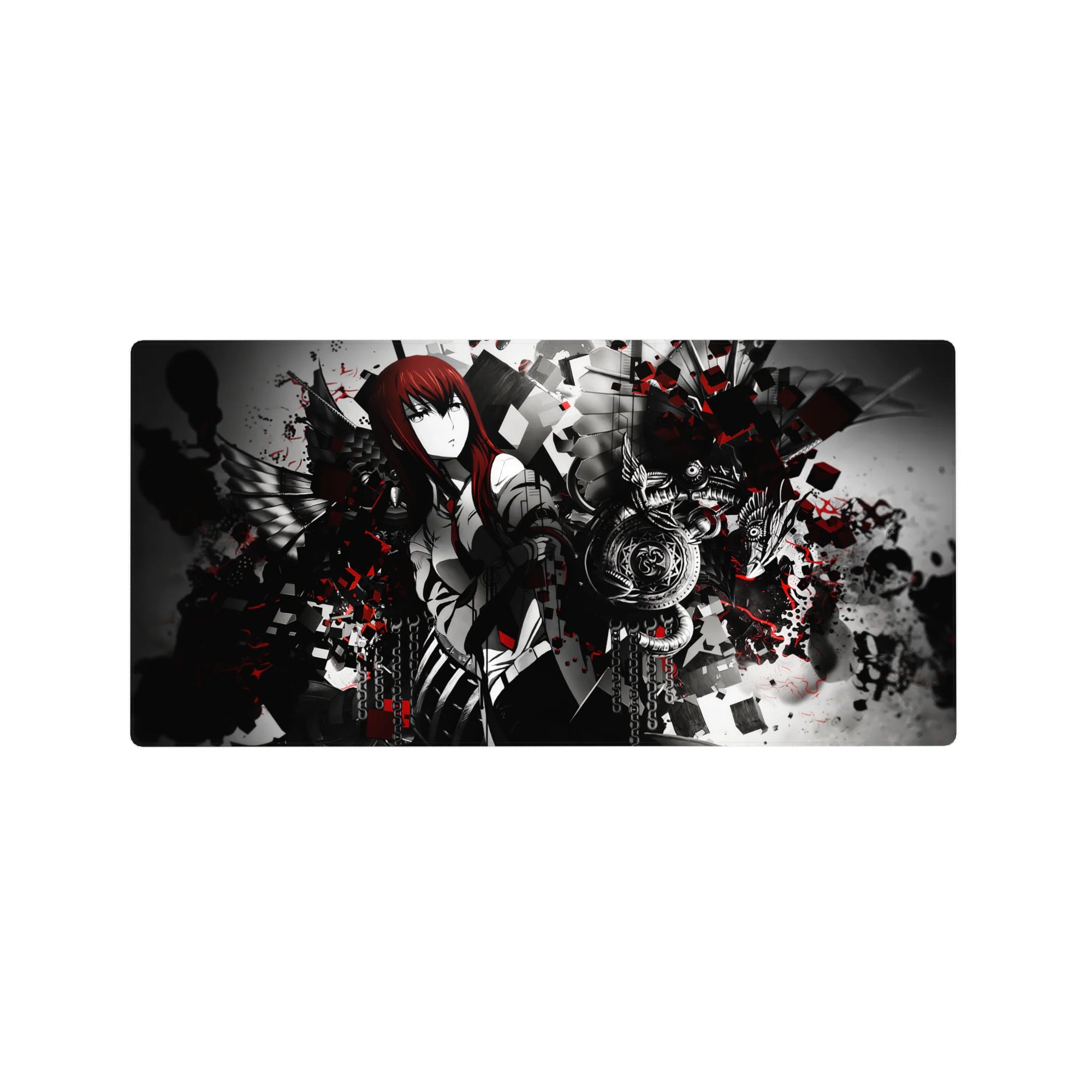 32x16 inches anime mouse pad with red-haired heroine in white uniform, black wings, chains, shattered cubes.