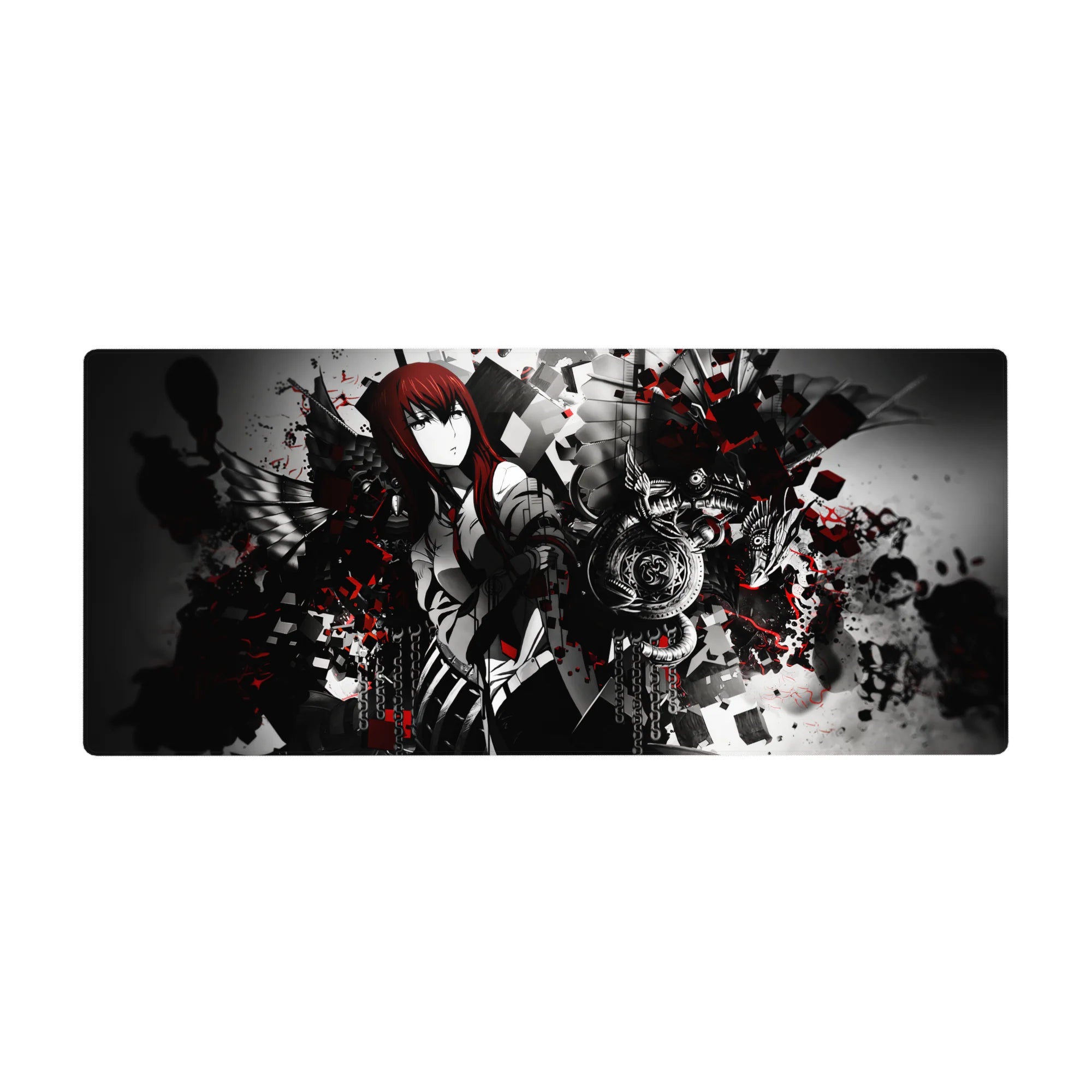 36x16 inches anime desk pad with red-haired heroine, white uniform, black wings, chains, and shattered cubes.