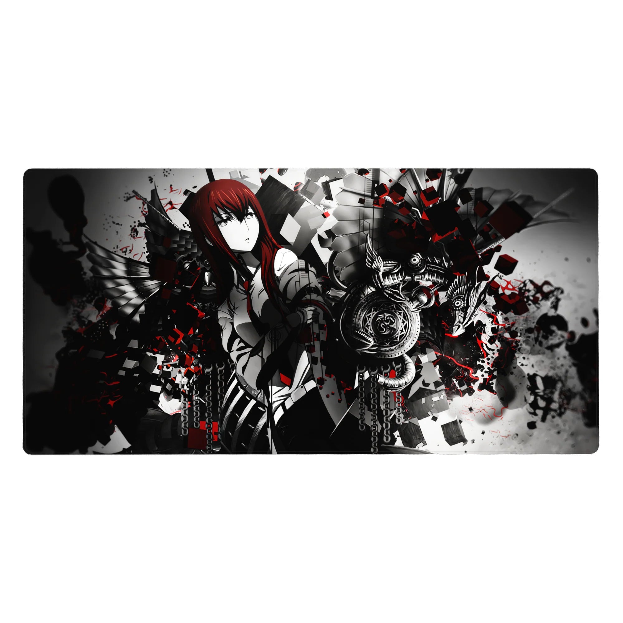 Anime desk pad 40x20 inches with red-haired heroine, black wings, chains, shattered cubes, mech sigils.