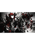 Anime desk pad 40x20 inches with red-haired heroine, black wings, chains, shattered cubes, mech sigils.