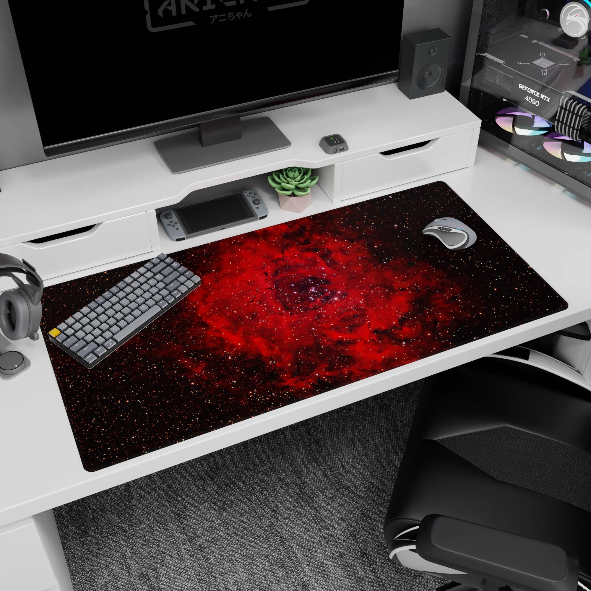 Midnight sky 40x20 inches desk pad featuring a fiery red nebula bloom amid tiny stars and dark space.