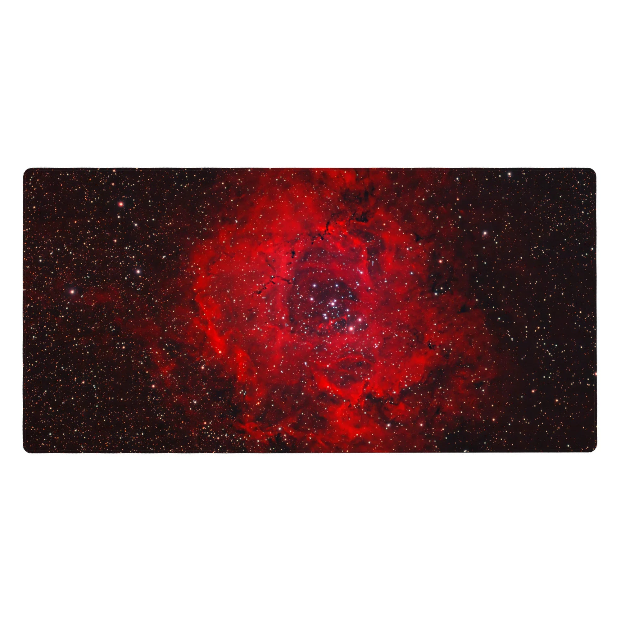 Galaxy desk pad 40x20 inches with starry night backdrop and red nebula swirl, smooth gradient finish.