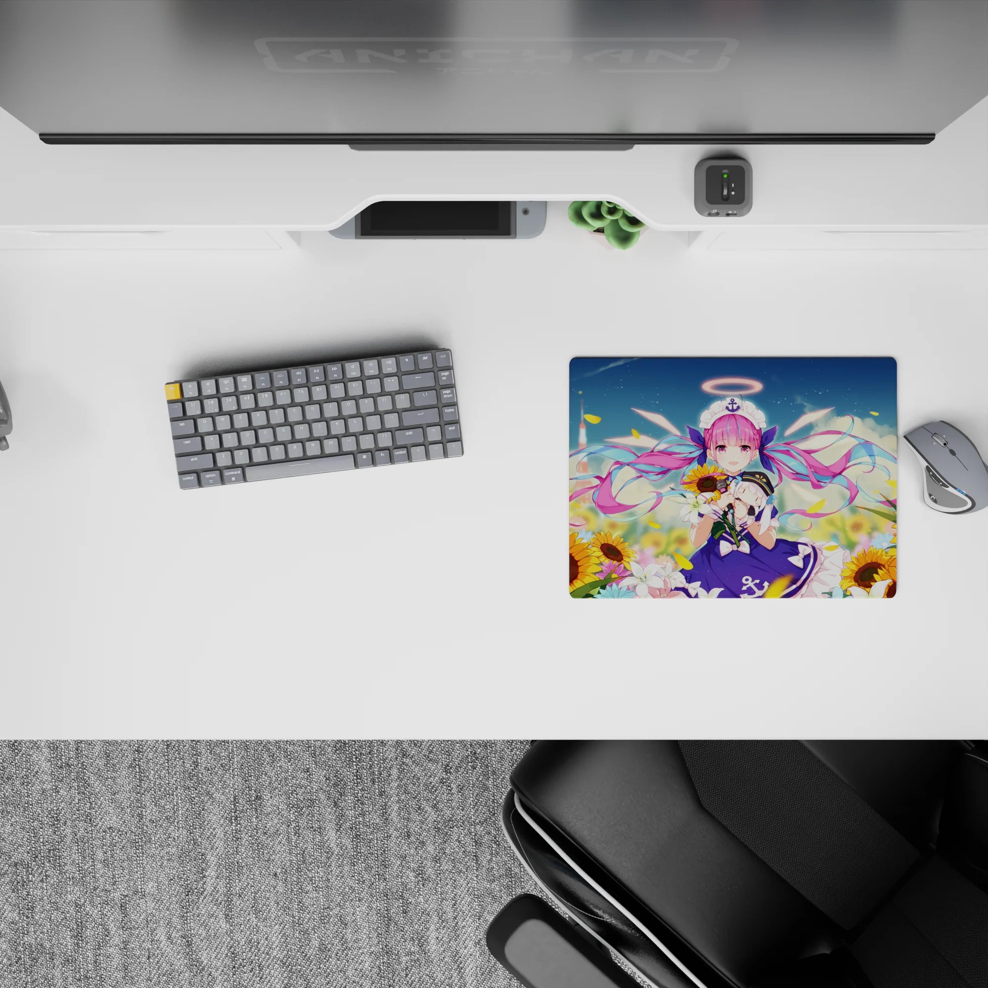 Vibrant 14x10 inches anime girl mouse pad in violet and candy pink with warm golden summer tones.